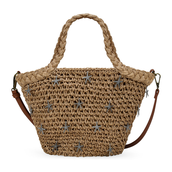 Bolso de mano marrón claro en rafia con estrellas metálicas