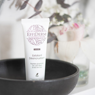 EFFIDERM - Exfoliant désincrustant visage - Peptides glutaminés de Lupin Blanc et Noix de Coco - Elimine en douceur les cellules mortes, impuretés et excès de sébum - Vegan - Tube 50 ml