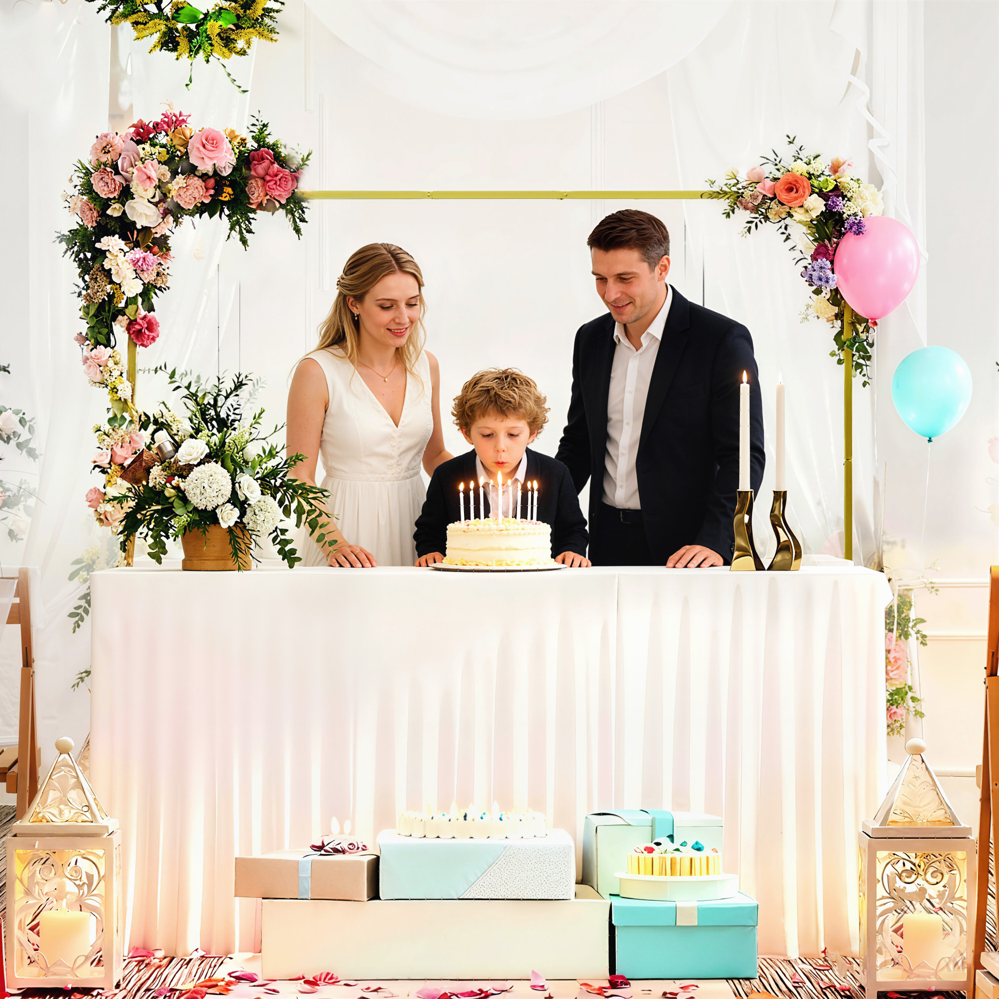 Arco de Jardín para Rosas de Metal, 200x200 cm, Arco de Boda Cuadrado con Estacas en Forma de U, Resistente a la Intemperie, para Plantas Trepadoras, para Decoración Patio Terraza, Dorado