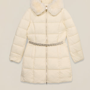 Oltre - Piumino midi con cintura gioiello - Avorio