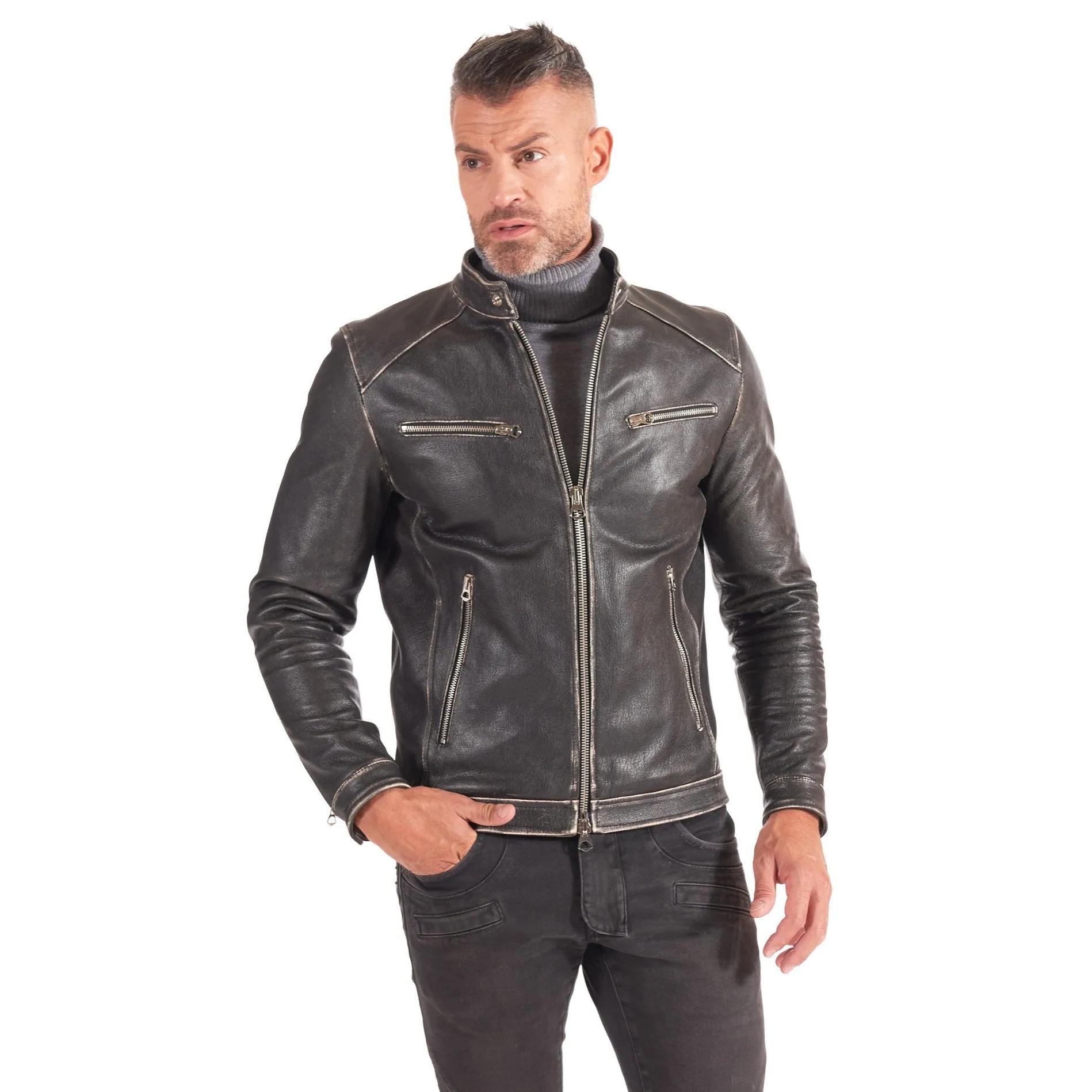 Giacca biker in pelle nera vintage effetto invecchiato