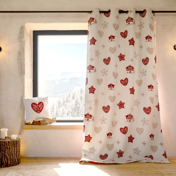 Rideau jacquard d’ameublement avec motifs chalets et cœurs - Rouge