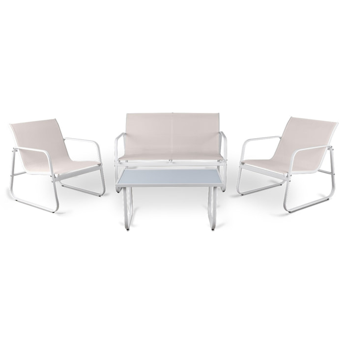 Conjunto de jardín 4 plazas, mesa centro+sofá+sillones de acero blanco