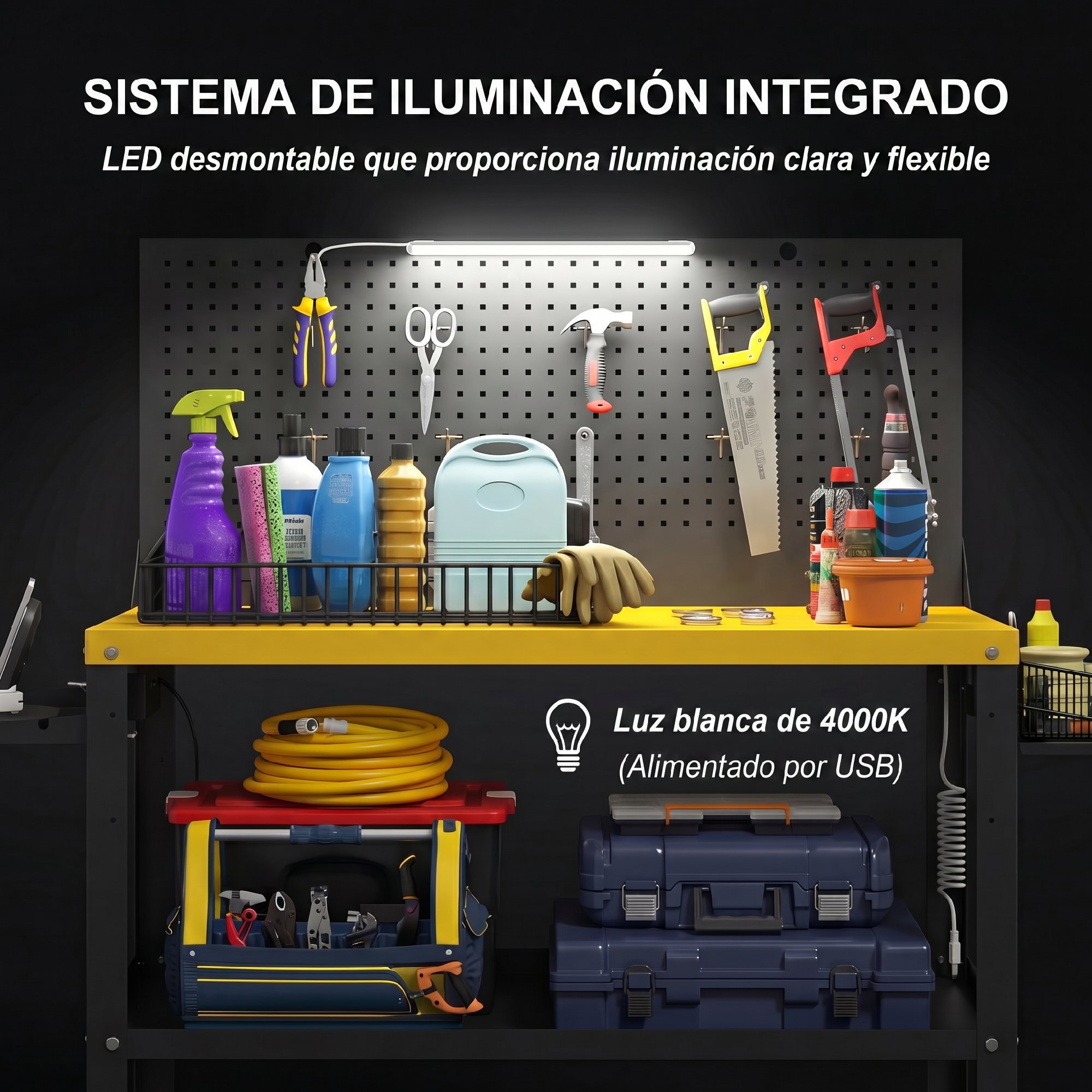 Banco de Trabajo con Panel Perforado y Ruedas, Mesa de Trabajo con Enchufes, USB, Luz LED y Estructura Metálica, Carga 300 kg, Banco para Garaje o Taller, 128x49,5x127,5 cm, Negro y Amarillo