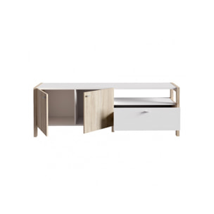 Meuble TV moderne en bois effet chêne et blanc avec rangements - VIK