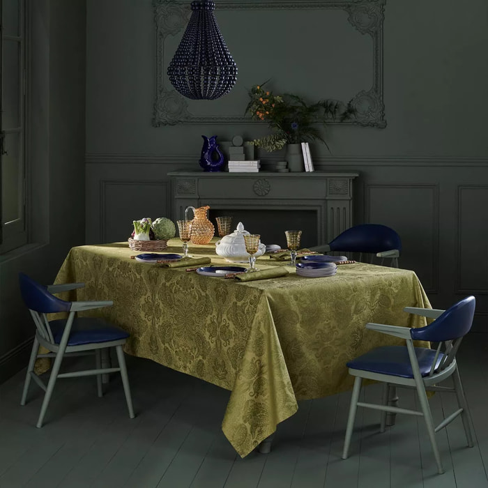 Nappe pur coton enduit motif jacquard or Mille isaphire vermeil