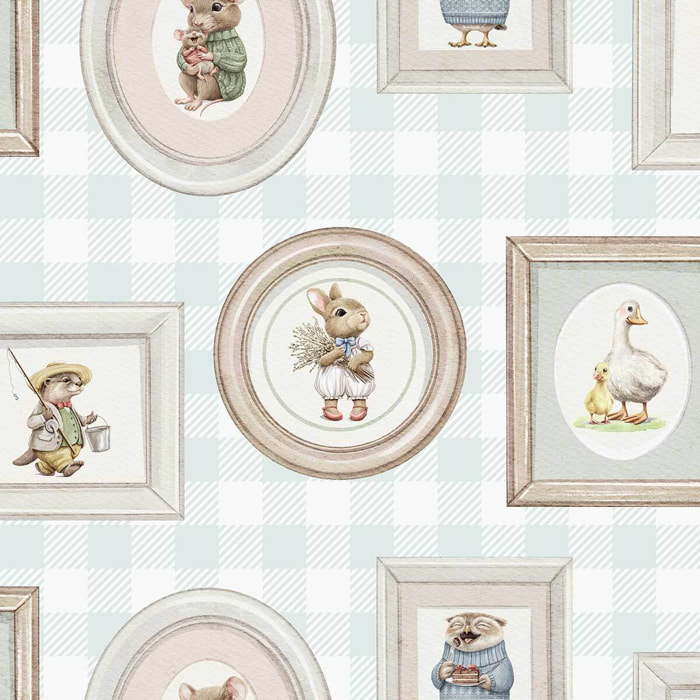 Papier peint animaux portraits vichy bleu enfant