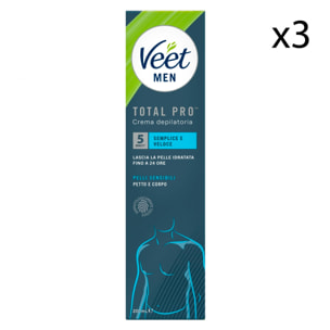 3x Veet Men Total Pro Crema Depilatoria Petto e Corpo per Pelli Sensibili - 3 Flaconi da 200ml