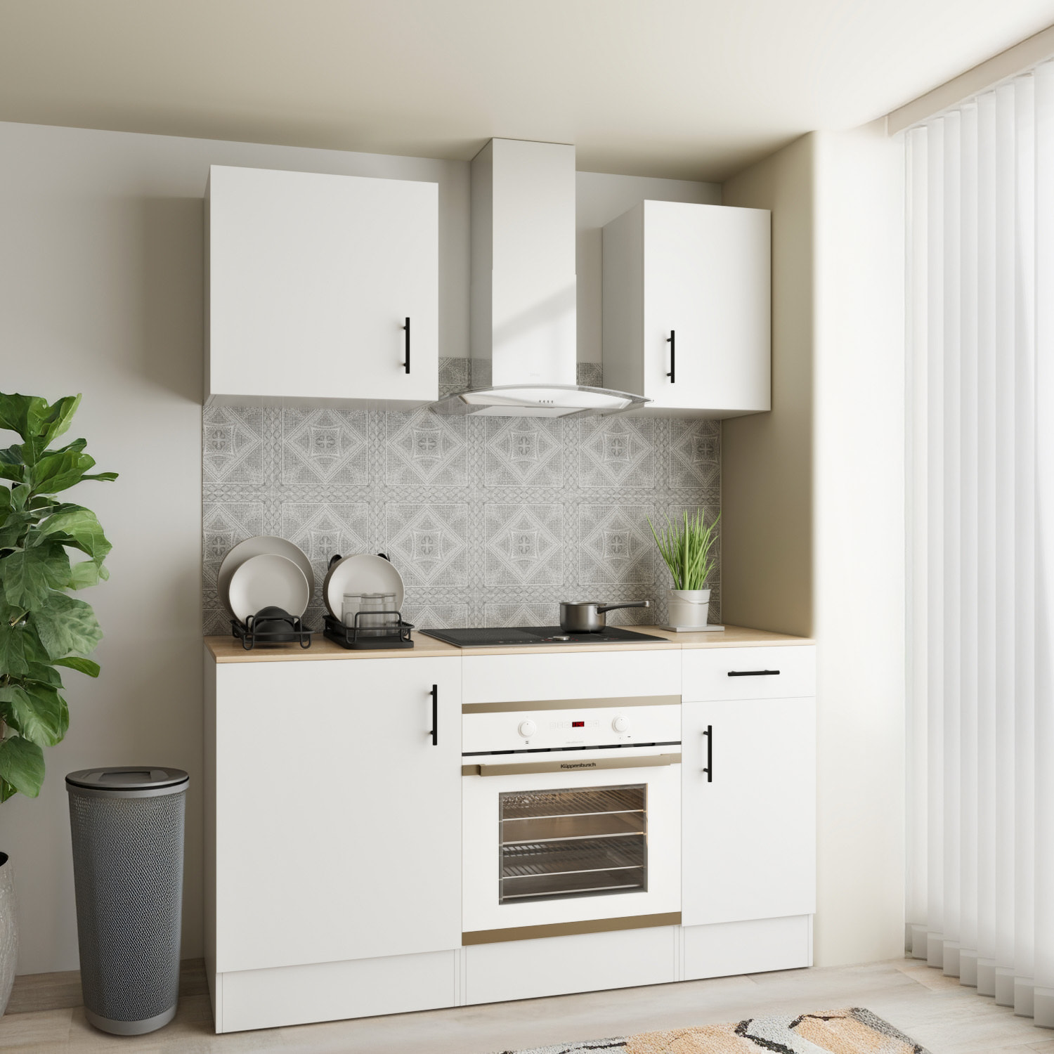 Cucina Componibile Completa Da 160 Cm Moderna con Cassetti Ammortizzati Piedini Regolabili Moduli Pensili Facile Da Installare Bianco Lucido e Rovere