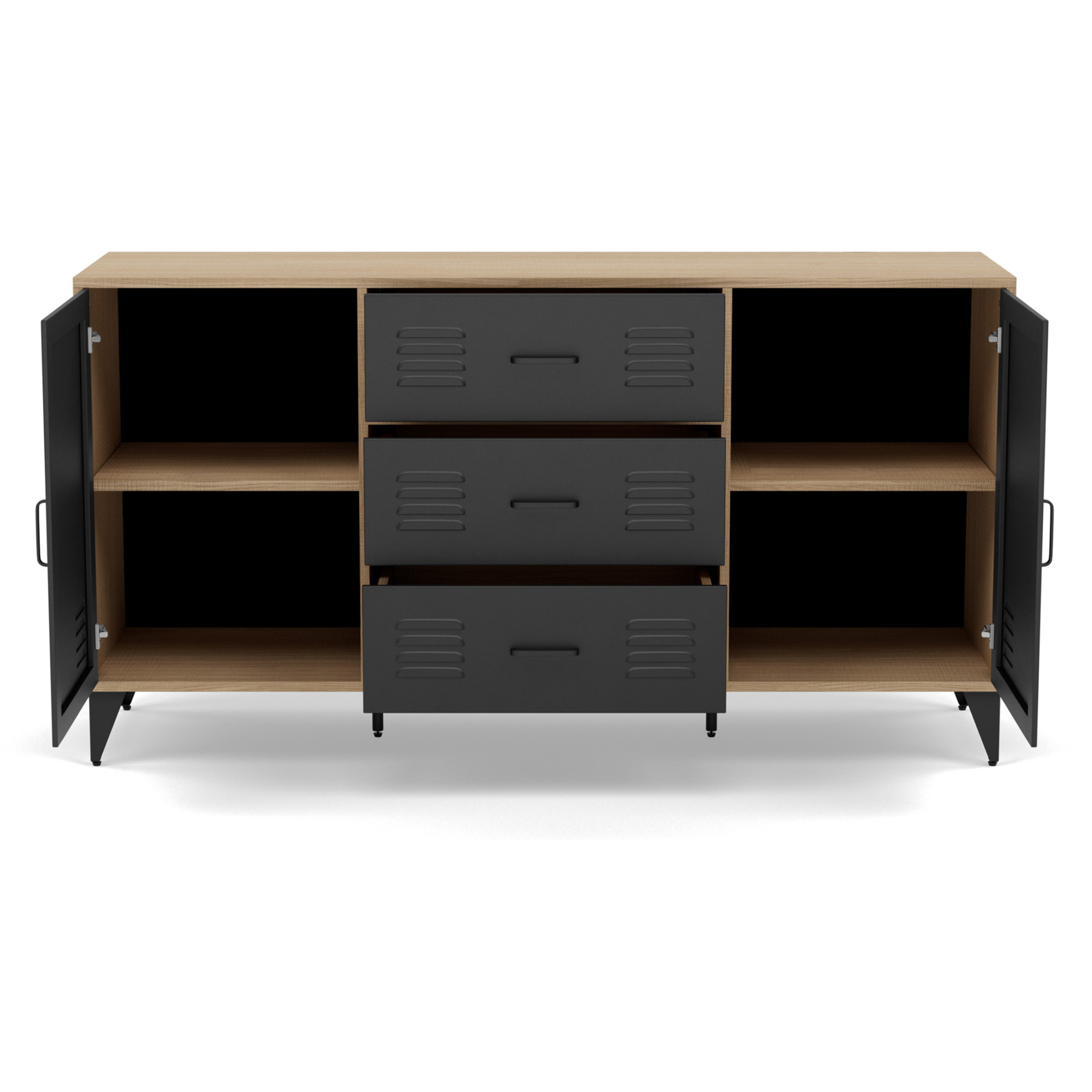 Tribeca - buffet bas - effet bois et métal noir - 3 tiroirs et 2 portes - 140 cm - Bois / Noir