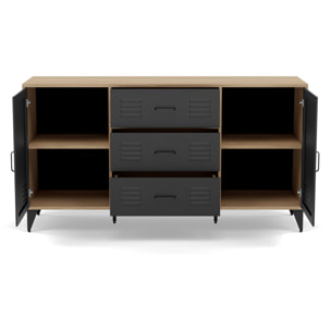 Tribeca - buffet bas - effet bois et métal noir - 3 tiroirs et 2 portes - 140 cm - Bois / Noir