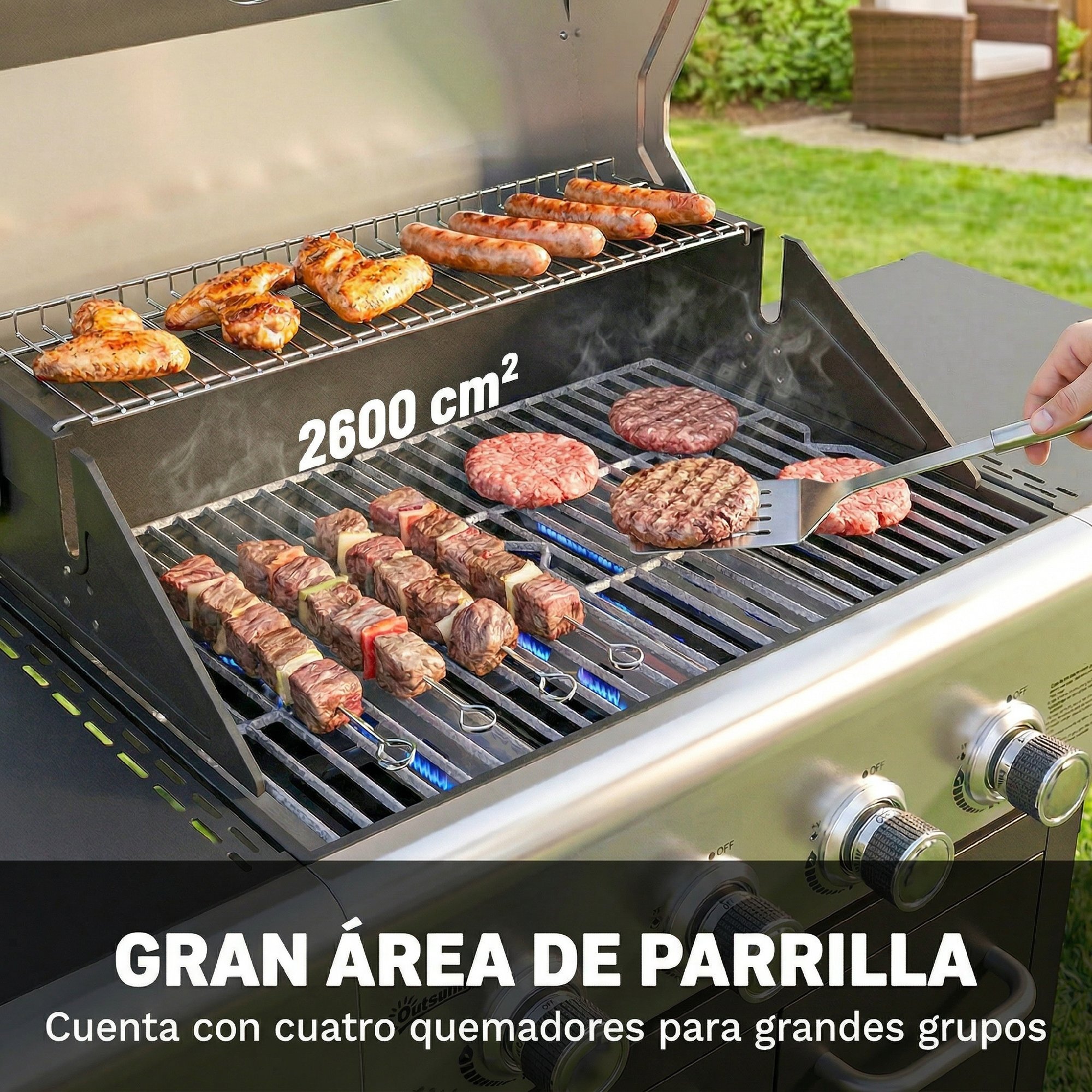 Barbacoa de Gas BBQ Gas con 4 Quemadores 12,8 kW Barbacoa Portátil con Termómetro Mesas Laterales Armario Rejilla Calentadora Acero Parrillas de Hierro Fundido Recogedor Grasa 4 Ruedas Negro