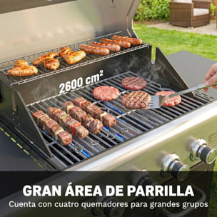 Barbacoa de Gas BBQ Gas con 4 Quemadores 12,8 kW Barbacoa Portátil con Termómetro Mesas Laterales Armario Rejilla Calentadora Acero Parrillas de Hierro Fundido Recogedor Grasa 4 Ruedas Negro