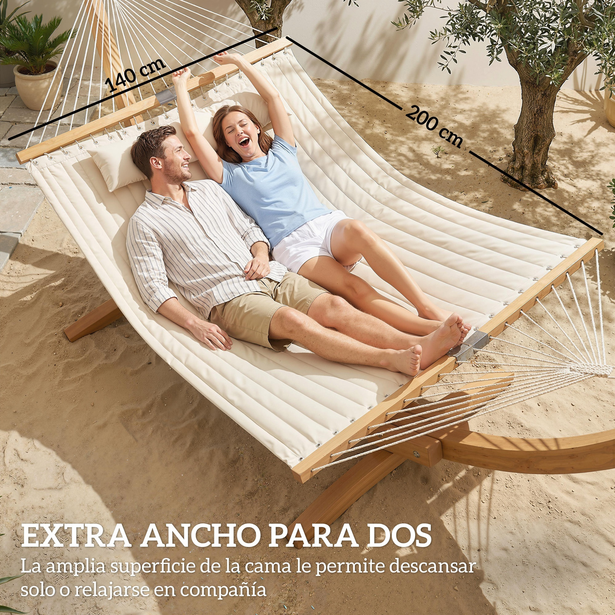 Hamaca Acolchada, Hamaca de Jardín Portátil con Almohada Desmontable, Bolsillo para Revistas, Barras Curvadas de Madera, Carga 200 kg, para Patio, Terraza, 325x140 cm, Crema