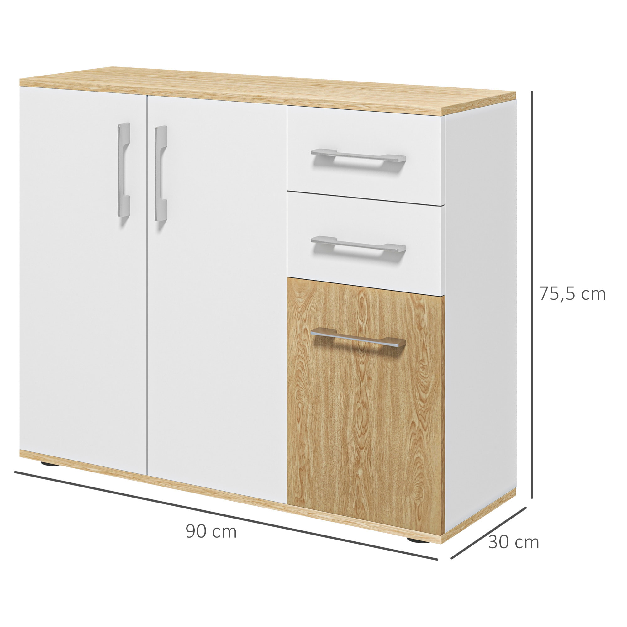 Buffet rangement 3 portes étagère 2 tiroirs coulissants panneaux aspect bois clair blanc