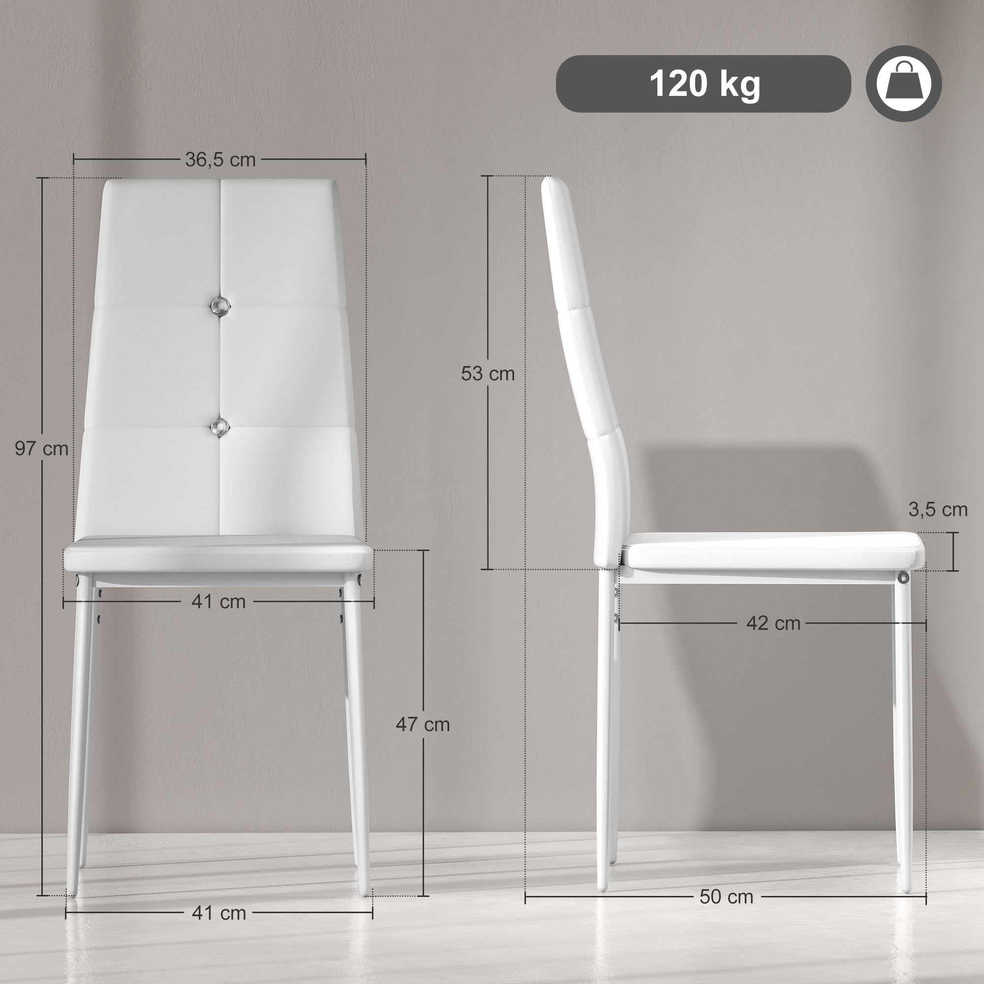 Juego de 6 Sillas de Comedor Tapizada en PU Sillas de Cocina con Respaldo Alto con Botones y Patas de Acero Diseño Moderno para Salón Dormitorio Blanco