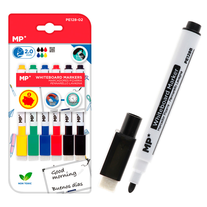 SET MARCADOR DE PIZARRA BORRADOR 6 COLORES