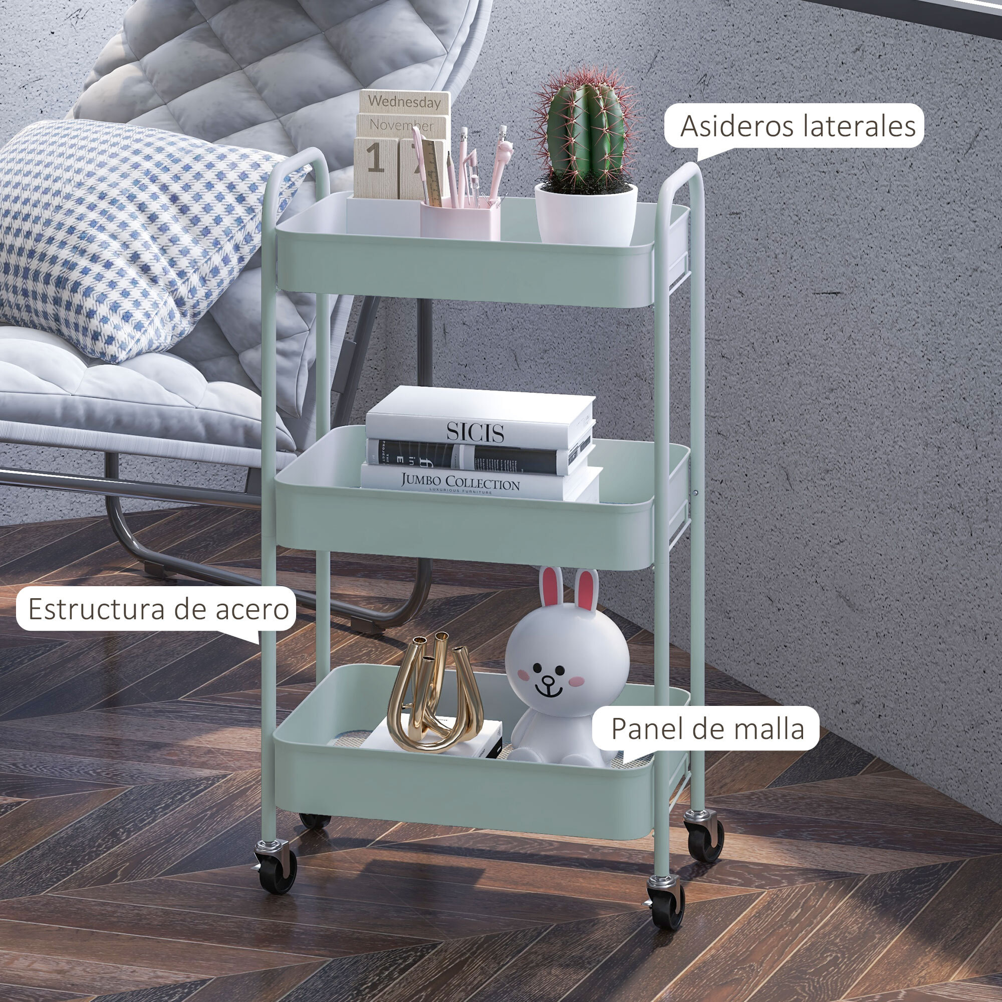 HOMCOM Carrito Auxiliar con Ruedas Carrito de Almacenamiento con 3 Cestas y Marco de Acero para Salón Dormitorio Oficina Cocina 45x30,6x79 cm Azul Claro