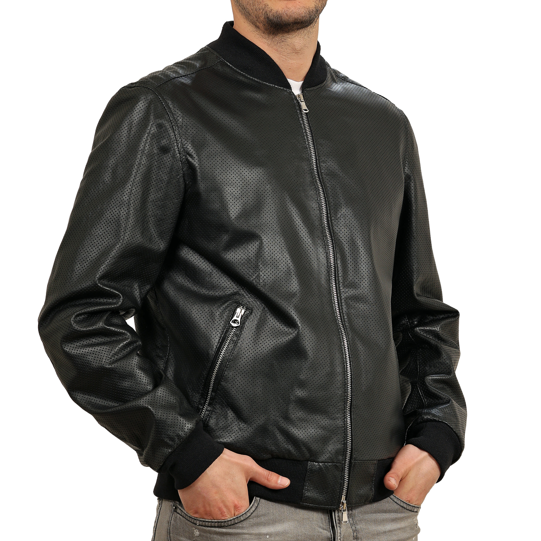 Bomber in pelle di vitello traforato Nero-Slim Fit