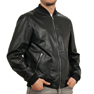 Bomber in pelle di vitello traforato Nero-Slim Fit