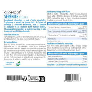 OLIOSEPTIL - Gélules Sérénité - Stress & Humeur - Huiles Essentielles, Ashwagandha, Safran & Tryptophane -  Extraits de Plantes Sèches - Équilibre Émotionnel - 15 Jours - Sans Gluten