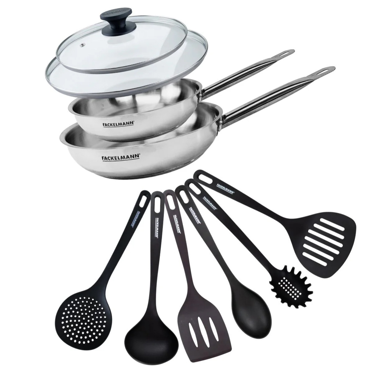 Set de 2 poêles de 24 et 28 cm en inox, 2 couvercles en verre et 6 ustensiles Fackelmann Eterna