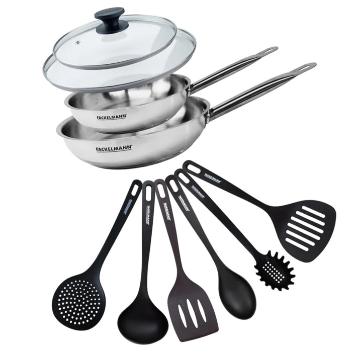 Set de 2 poêles de 24 et 28 cm en inox, 2 couvercles en verre et 6 ustensiles Fackelmann Eterna