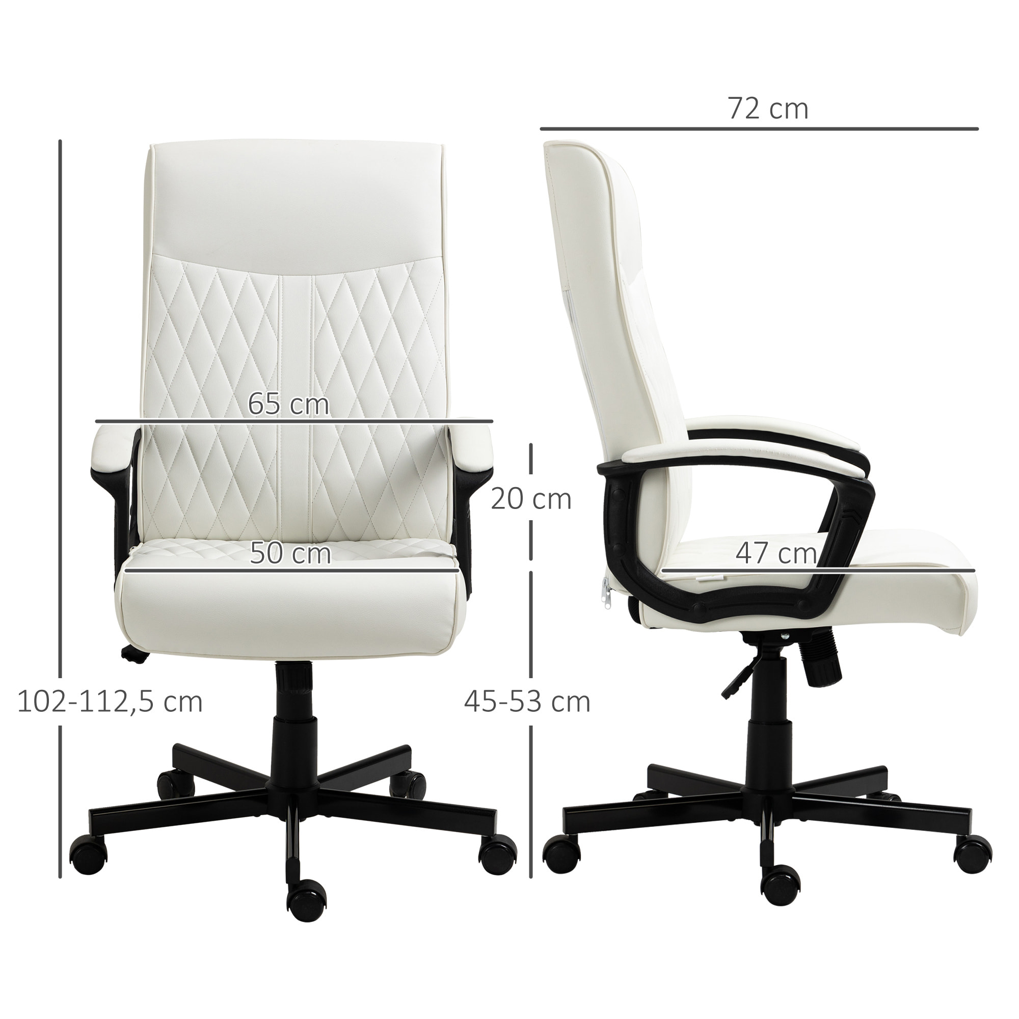 Silla de Oficina Giratoria Silla de Escritorio Basculante Tapizado en PU con Respaldo Alto y Altura Ajustable para Salón Oficina Carga 120 kg 65x72x102-112,5 cm Blanco Roto