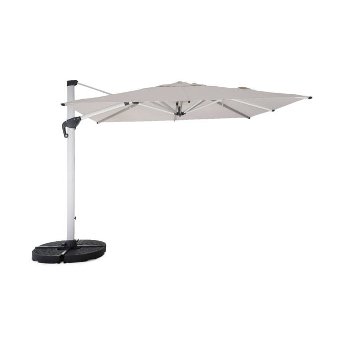 Parasol déporté haut de gamme 3x3m beige. toile en polyester teintée dans la masse. structure aluminium anodisé. housse incluse