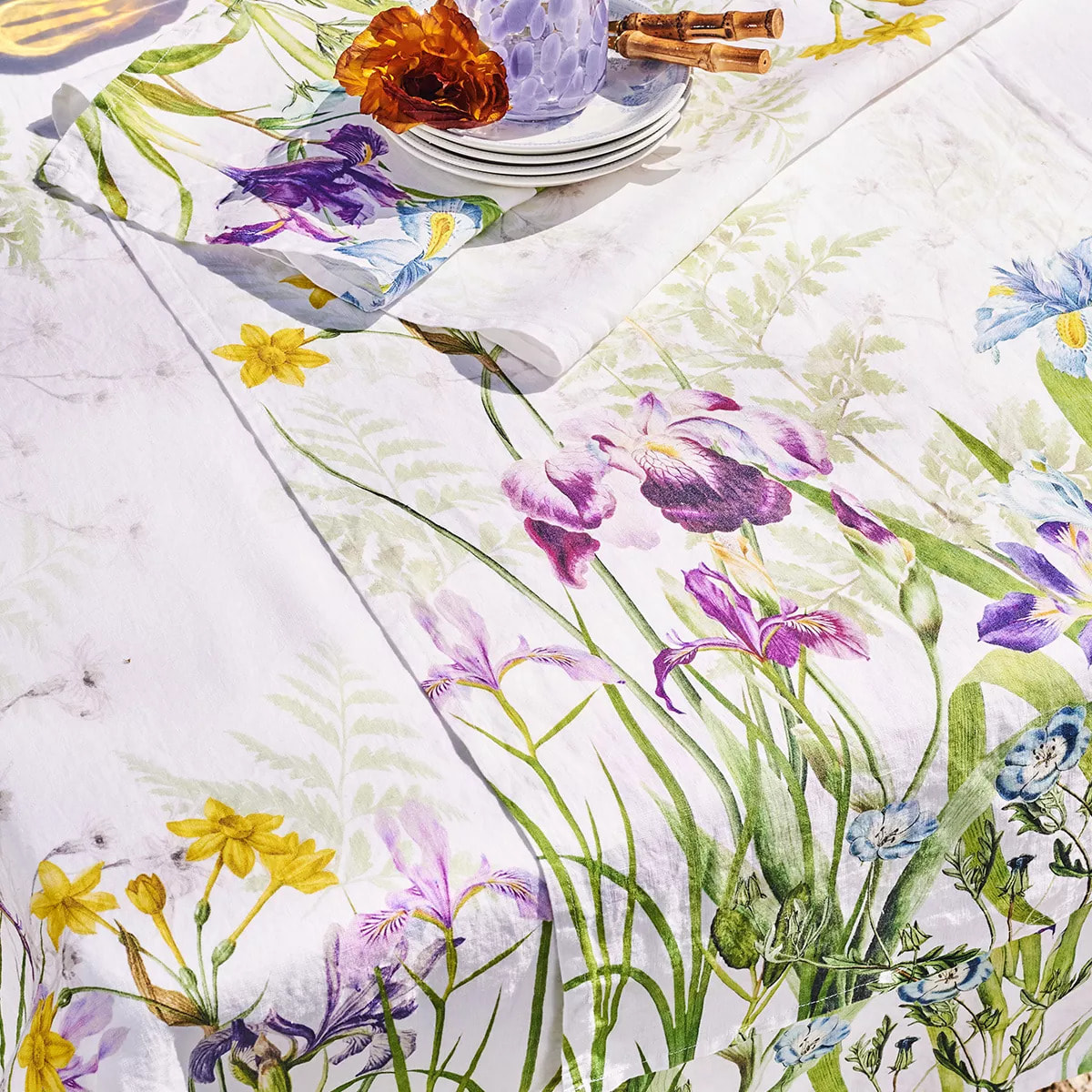 Serviette lin & coton lavé 190 g/m² imprimé multicolore Iris d'hiver blanc