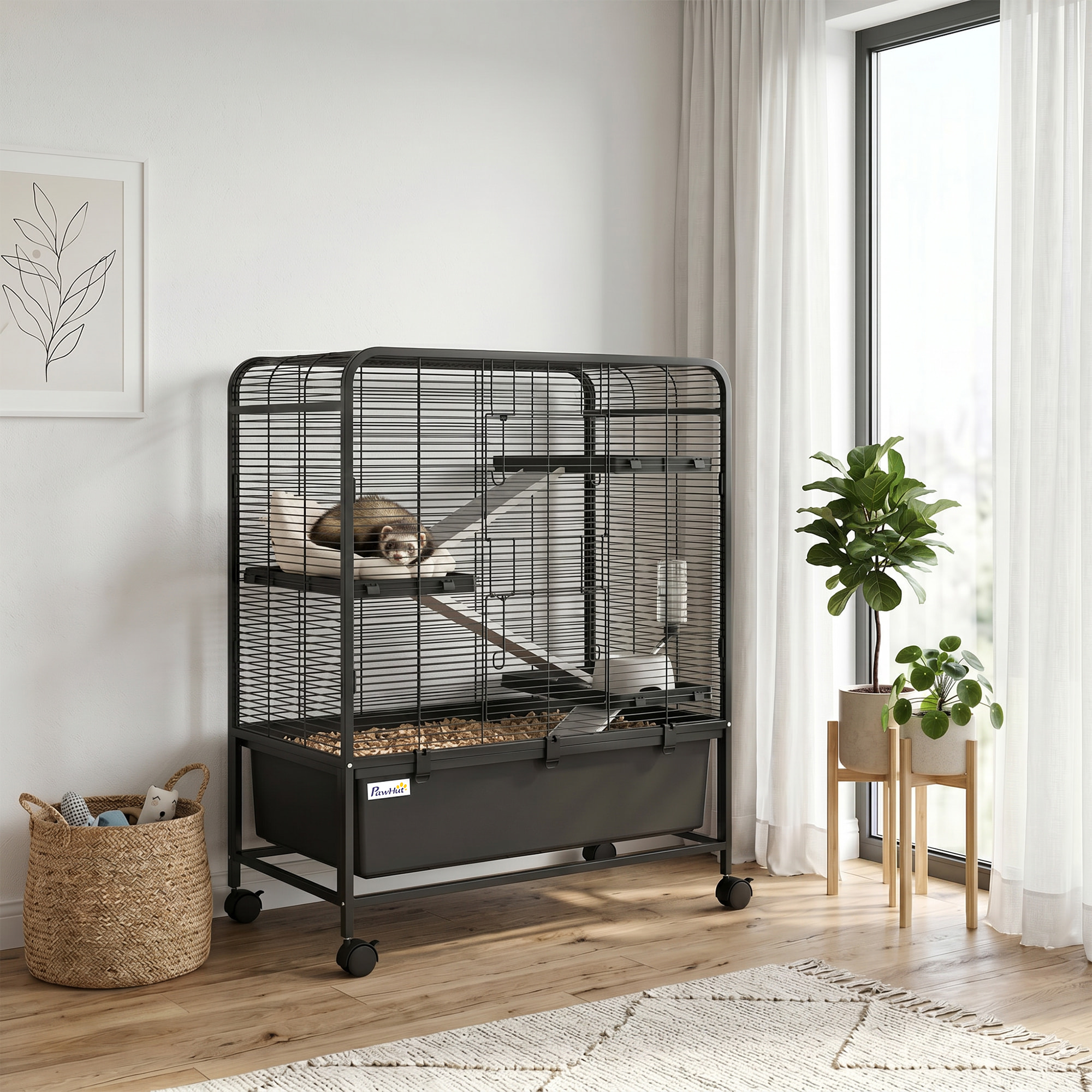 Cage mobile hamster rongeur furet 4 niveaux 2 portes 3 rampes bac profond amovible noir