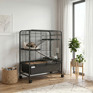 Cage mobile hamster rongeur furet 4 niveaux 2 portes 3 rampes bac profond amovible noir