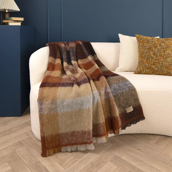 Plaid laine & autres fibres 200 g/m² motif jacquard bordeaux brun Mohaira ecossais sienne