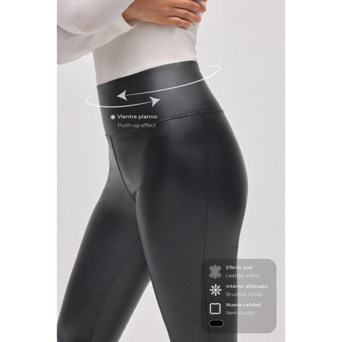 Leggings termici con pancia piatta e effetto pelle nera svasata