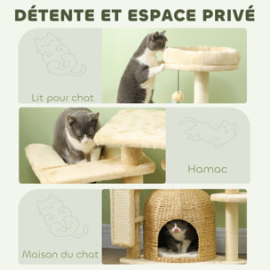 Arbre à chat style cosy chic - grande niche coussin, griffoir, grattoir, hamac, plateformes, boules - beige