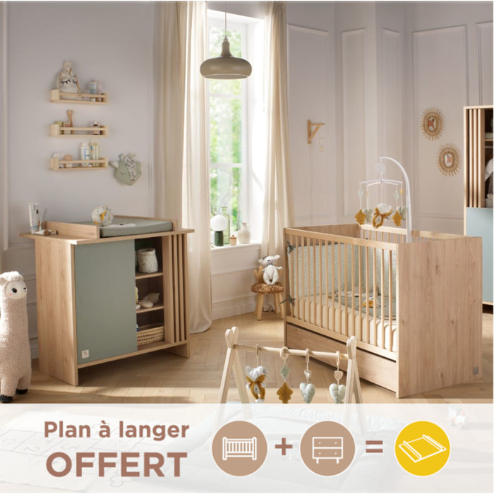 Chambre bébé complète Tokyo, Lit 120x60 et Commode à langer claustra - Chêne suave