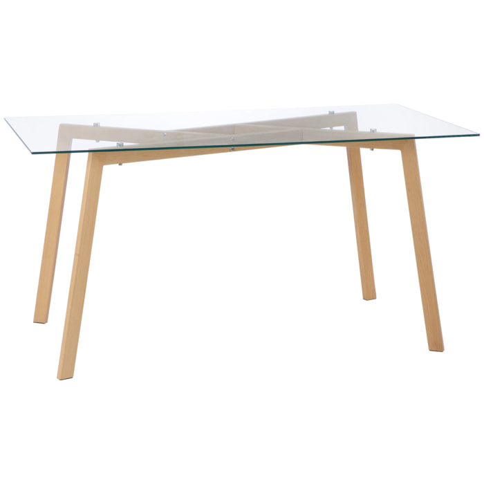 Mesa de Comedor para 6 Personas Mesa de Cocina Moderna con Tablero de Vidrio Templado y Patas de Acero con Efecto Madera para Salón 150x75x76 cm Transparente