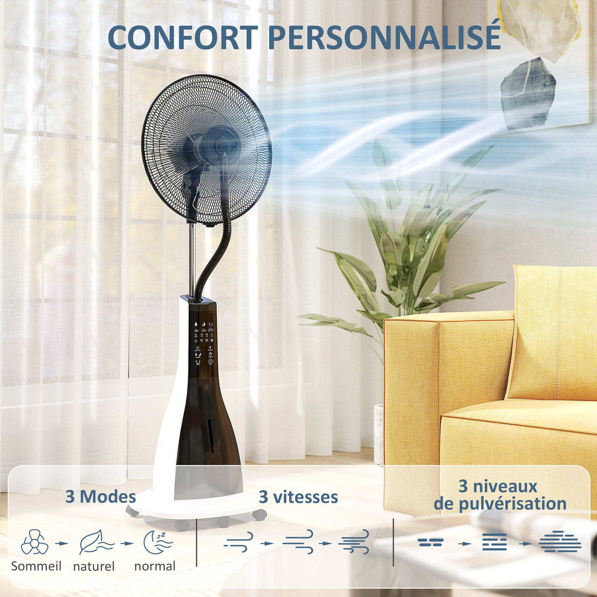 Ventilateur brumisateur oscillant inclinable sur pied roulettes 90W H.125 cm avec télécommande