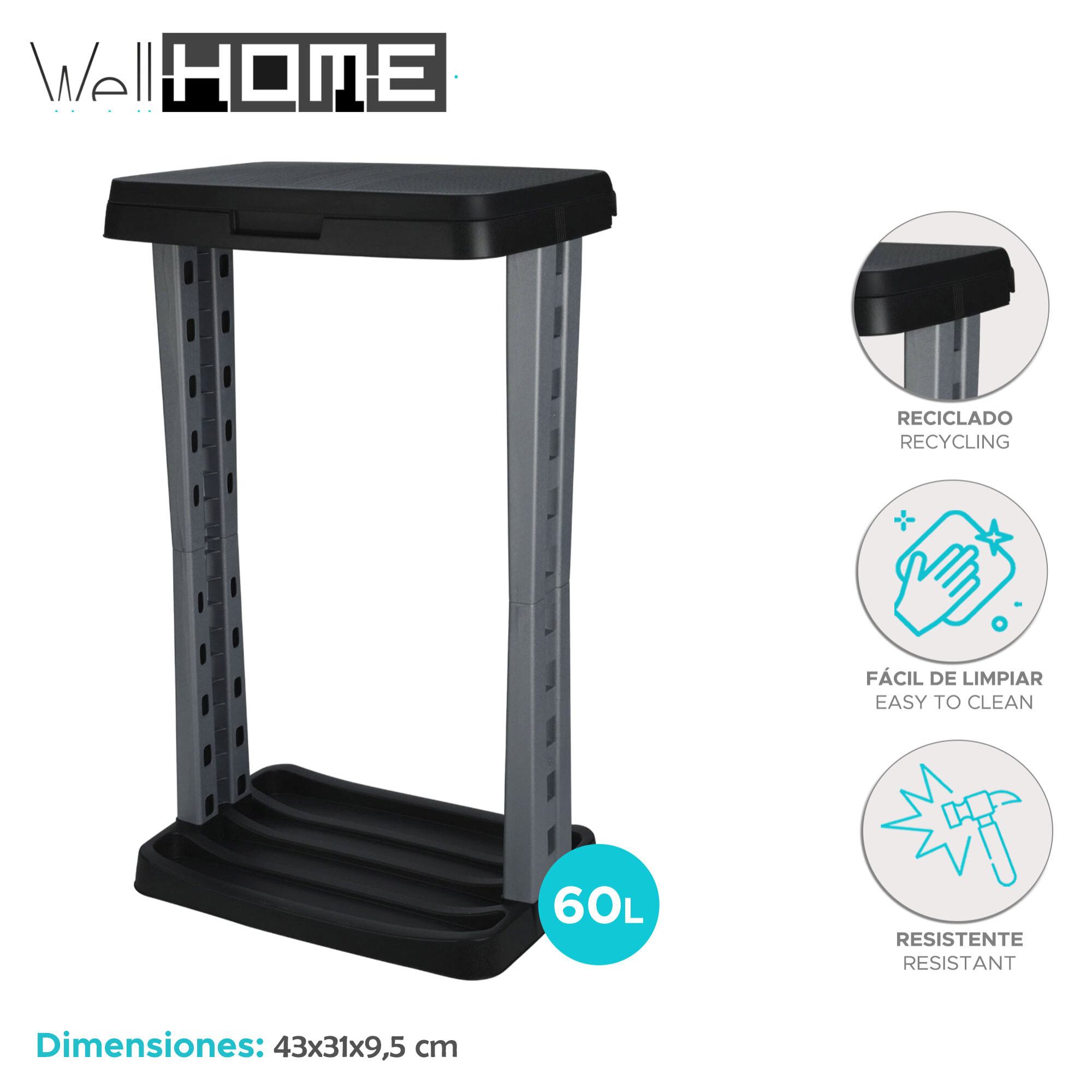 Well home porta bolsas de basura 60l en color antracita 100% reciclable 43x31x9,5cm