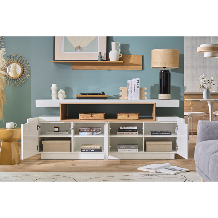 Buffet scandinave blanc laqué brillant et bois 4 portes L180 cm LIVO