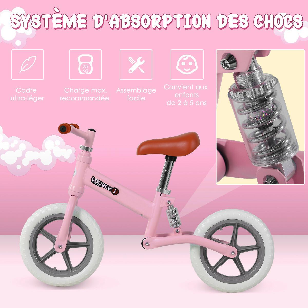 Draisienne enfant roues 12'' suspension selle hauteur réglable acier rose