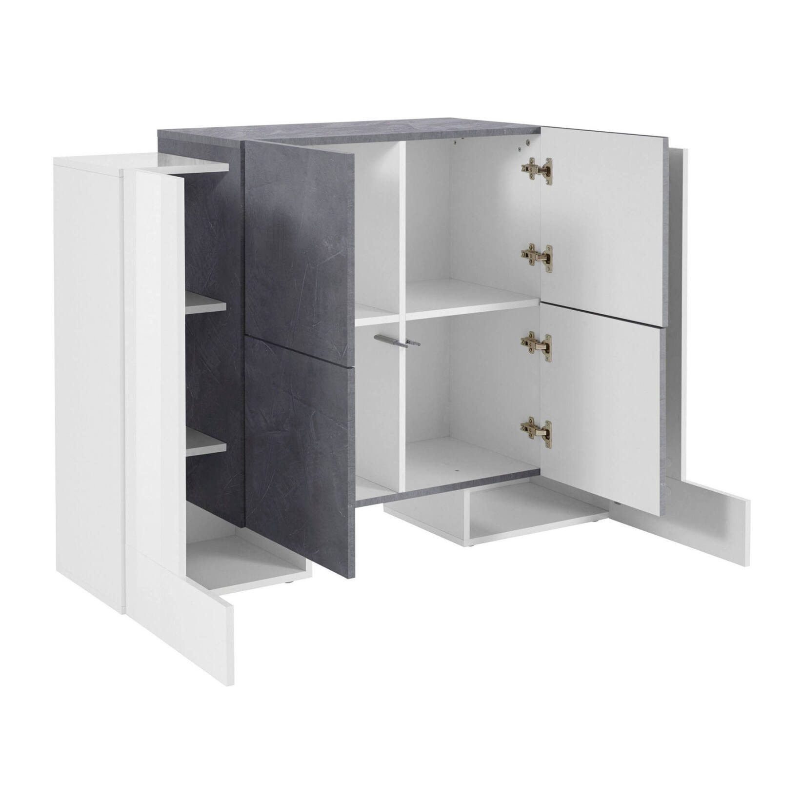 Credenza moderna di design a 6 antine battenti, Made in Italy, Buffet da cucina, Madia con scaffali da cucina, cm 130x45h100, colore Bianco lucido e Grigio Cenere