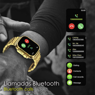 DAM Smartwatch C9 Ultra Max con 20 modos de deporte, llamadas Bluetooth. Monitores de frecuencia cardiaca, oxígeno en sangre, tensión. Doble correa. 4,9x1,2x4,4 Cm. Color: Oro