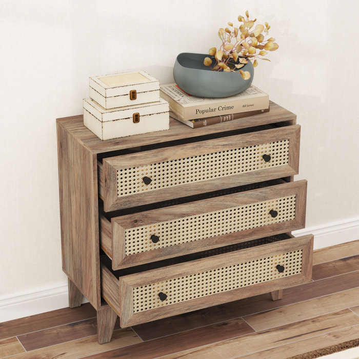 Commode 3 tiroirs style bohème chic cannage en rotin aspect bois de manguier