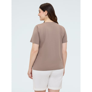 Fiorella Rubino - T-shirt in cotone con taschino in uncinetto e paillettes - Marrone
