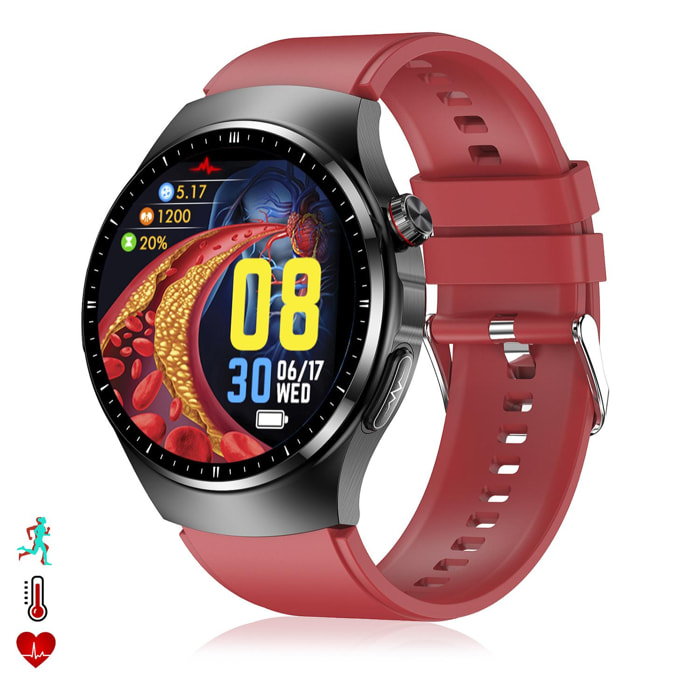 DAM Smartwatch TK25. ECG , glucosa en sangre, ácido úrico y lípidos, IMC grasa corporal, temperatura, O2 y tensión. 5,4x1,2x4,7 Cm. Color: Rojo