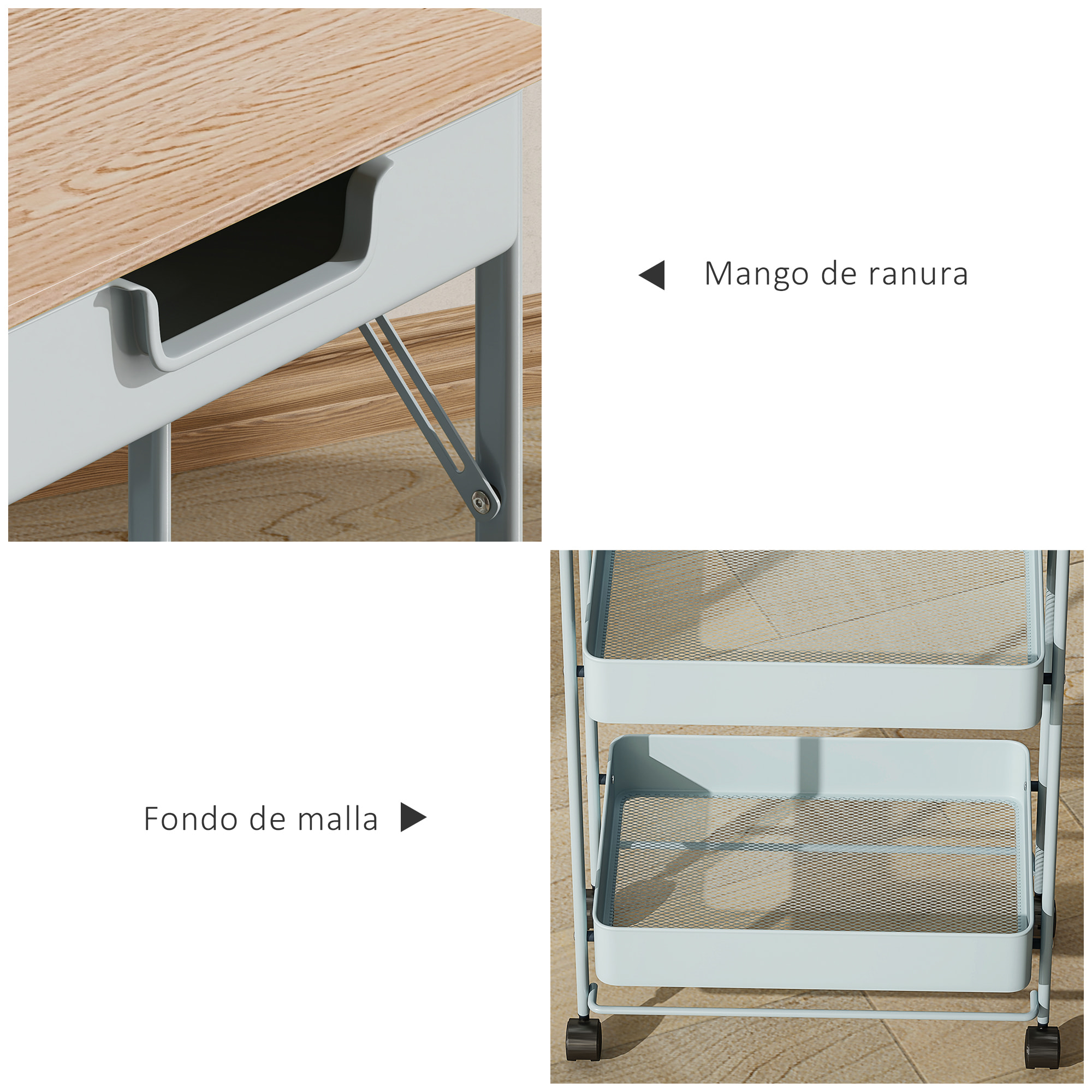 Carrito Auxiliar con Ruedas de 4 Niveles Carro de Cocina con 1 Cajón y 3 Cestas Carrito Organizador para Dormitorio Salón Oficina Verde Claro