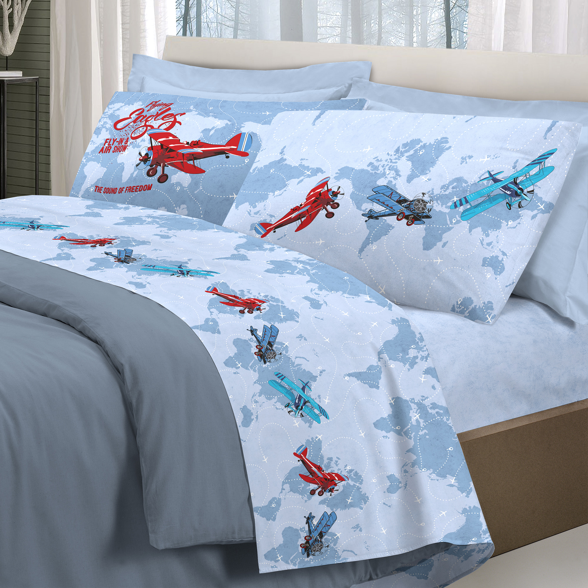 Completo letto aerei azzurro 100% cotone