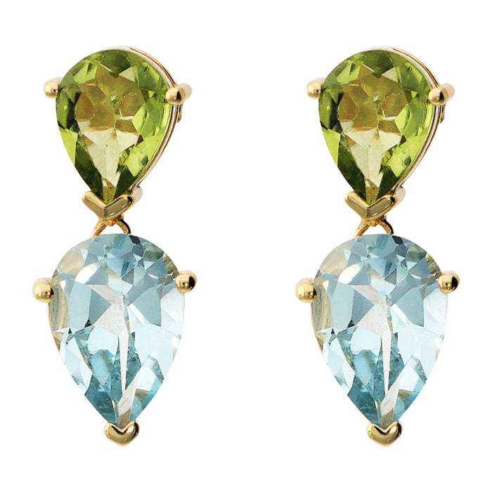 Orecchini Pendenti a Goccia in Argento 925 placcato Oro Giallo 18Kt con Peridoto Verde e Topazio Blu