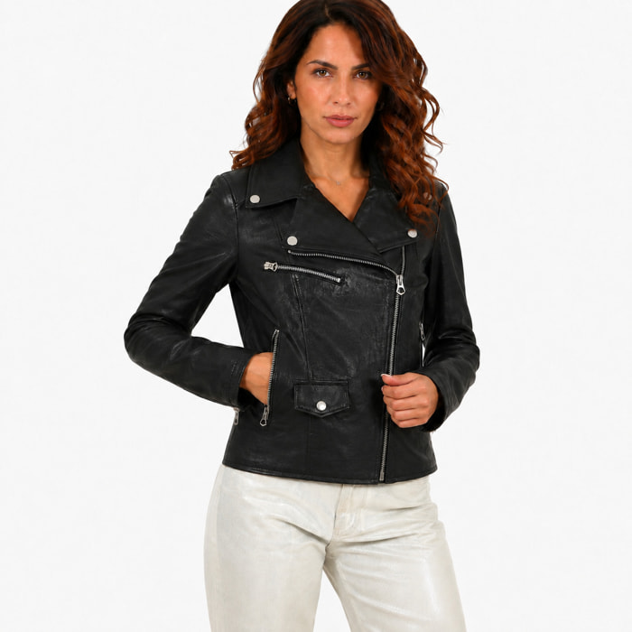 Chiodo donna in pelle di vitello rifinizione vegetale nero